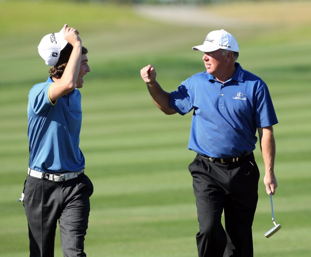 CHAMPIONS GATE, FL - DECEMBER 07: Shaun O'Meara of the USA having fun on the 18th hole with his father Mark O'Meara during the final round of the Del Webb Father Son Challenge on the International Course at Champions Gate Golf Club on December 7, 2008 in Champions Gate, Florida. (Photo by David Cannon/Getty Images)